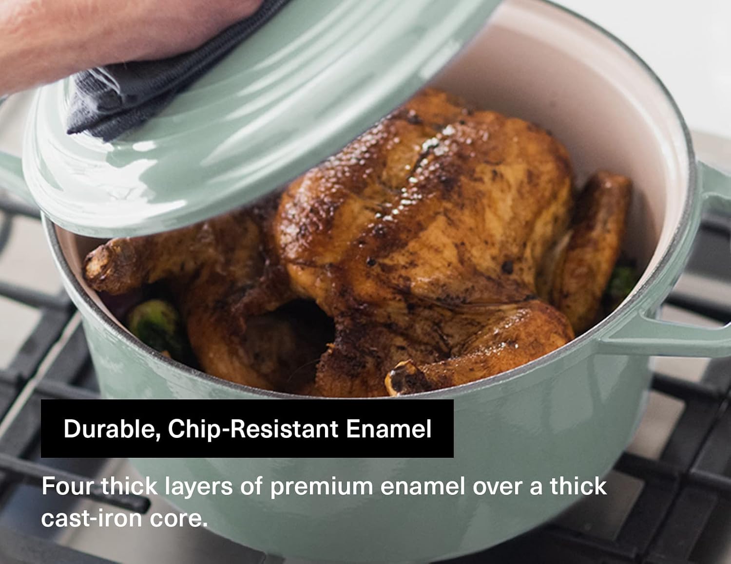 Misen 7 QT Enameled Cast Iron Dutch Oven - Chip-Resistant Enamel Coating - Thick Iron Core For Heat Retention - Large Cooking Surface - Oven Safe, Induction Compatible - Grill and Silicone Lid, Green
