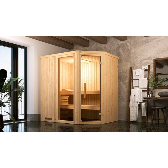 Ecksauna »VARBERG 1«, 4 Personen, inkl. 4,5 kW Ofen mit externer Steuerung