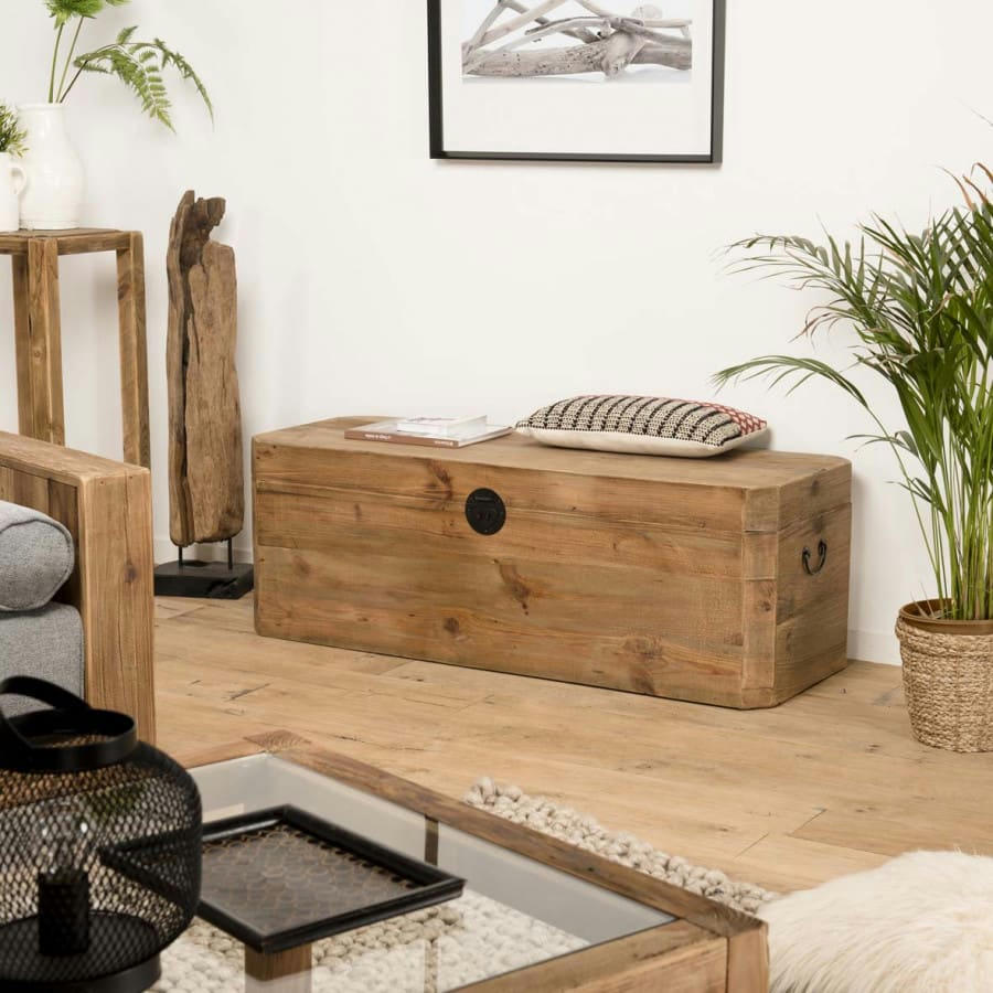 ANDRIAN - Coffre rangement en pin recyclé et poignées en métal noir