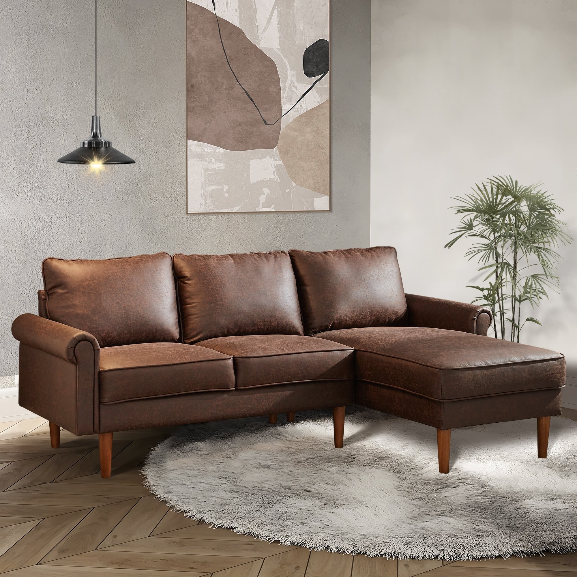 HOOOWOOO Living Room Furniture Mid-Century Suede Sofa with Chaise Lounge