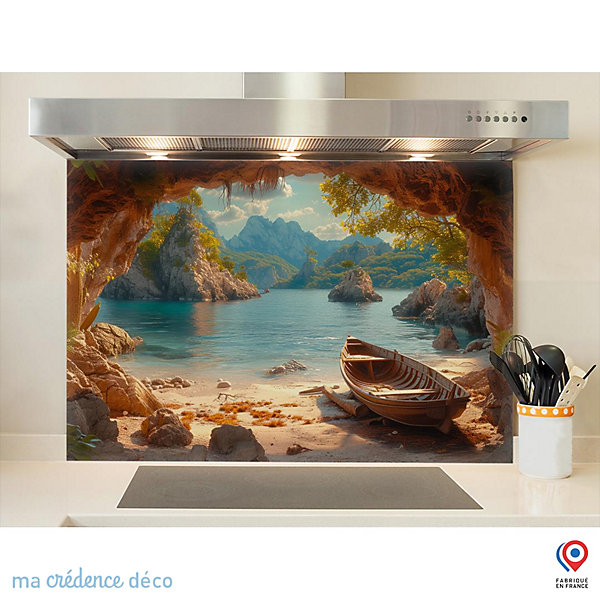 Crédence cuisine fond de hotte Mer et rocher - Alu composite - L 90 cm x H 60 cm