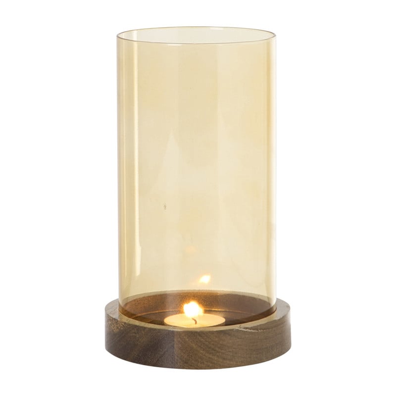 Windlicht glas en hout klein - beige/bruin - &Oslash;10x20 cm