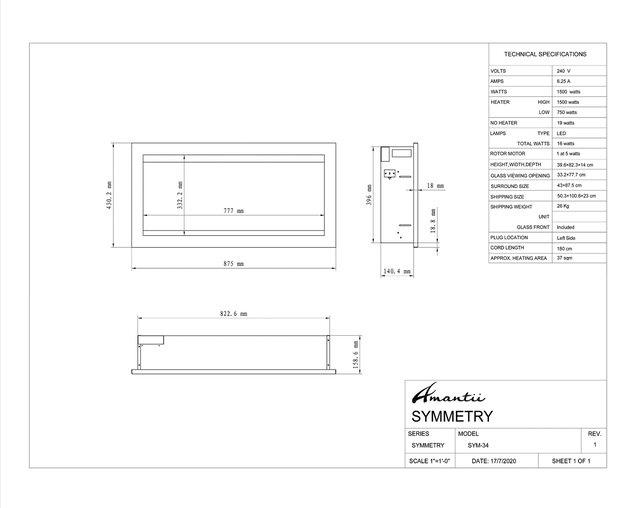 Amantii Smart 34" Clean face Electric Built-in with log and glass, black steel surround
