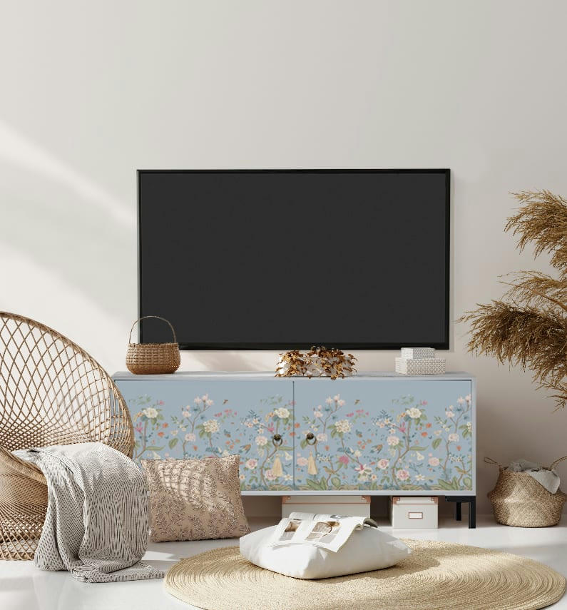 TELMA - Meuble TV 2 portes laqué MDF imprimé floral gris