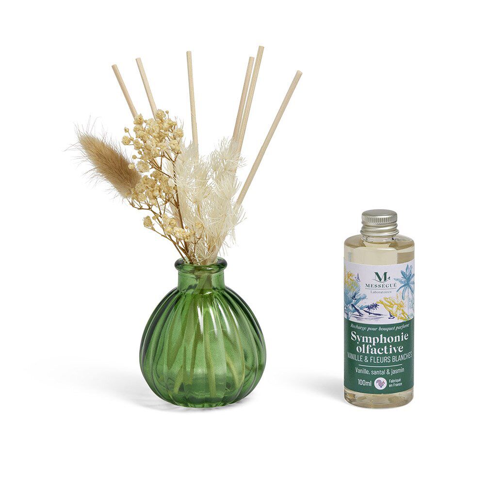 Diffuseur bâtonnets fleurs séchées et recharge Mességué vanille santal jasmin 100ml