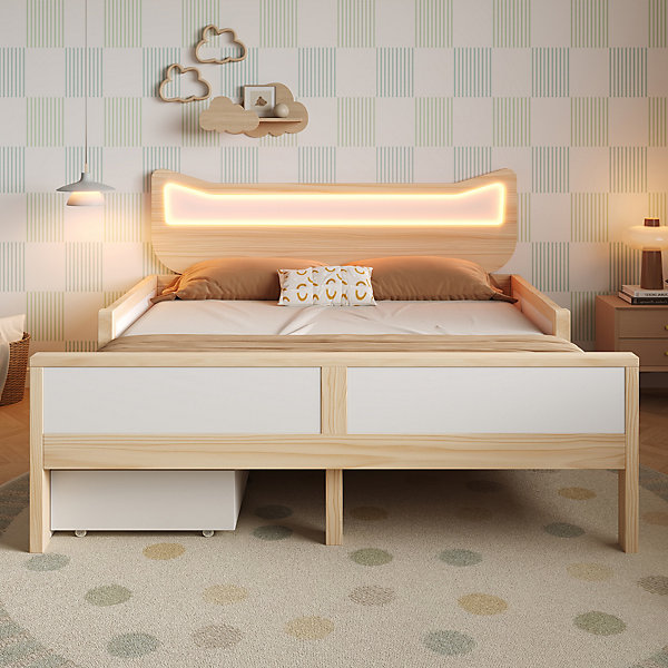 Lit simple enfant 140x200cm - tête de lit oreilles de chat - avec LED RGB et 1 tiroir - Blanc   Naturel (sans matelas)