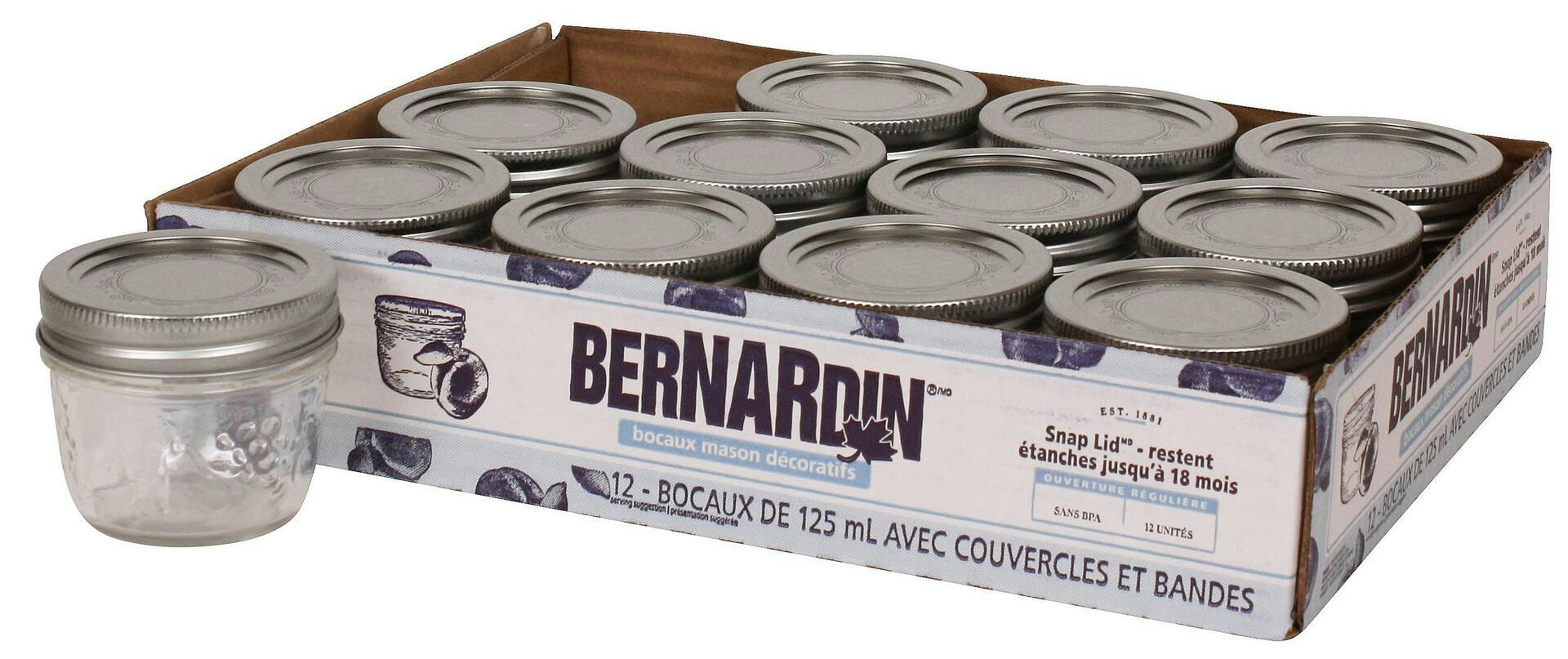 Bernardin Regular Mouth Decorative Glass Mason Jars with Snap Lids, 125 ml, 12 Count