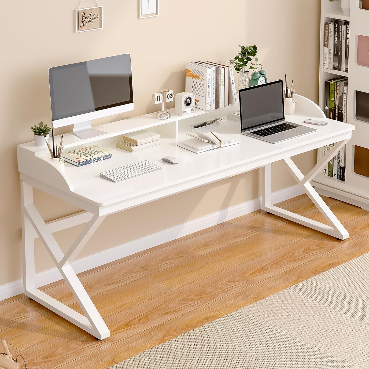 Long Desk with Monitor Stand - 63 Double Long Computer Table for 2-Person Workstation, Large Writing Study Work Desk for Home and Office, White