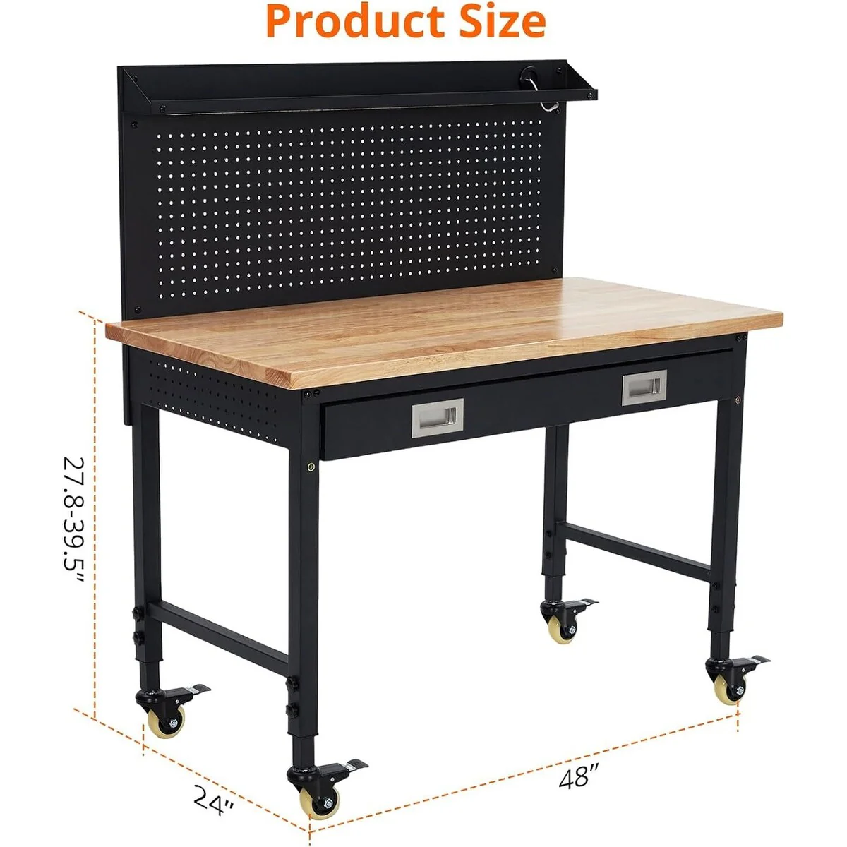 48 Inch Workbench for Garage with Drawer, Backplate & Casters - N/A
