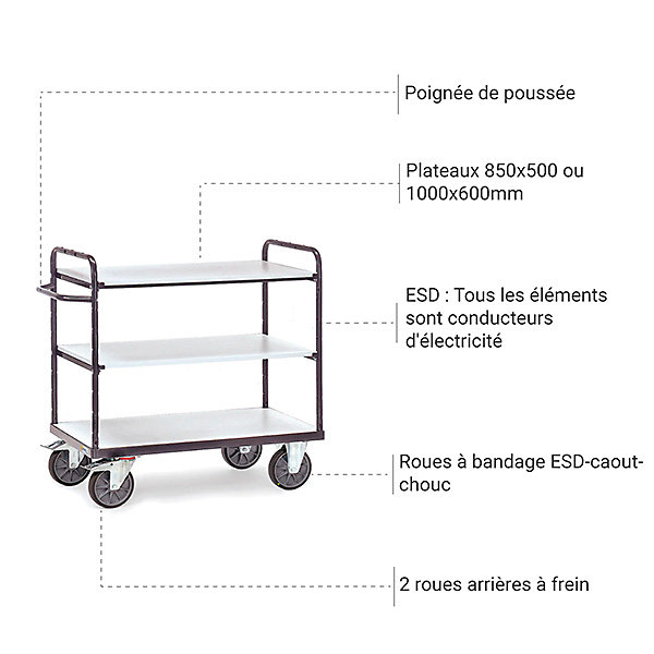 Chariot ESD - Plateaux 1000x600mm - Charge max 600kg - 9101