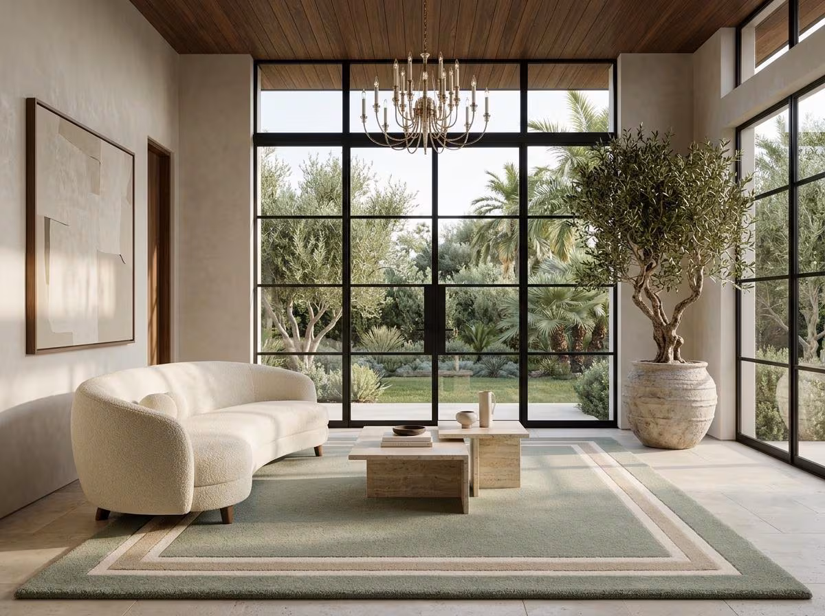 Sage Green Hand Tufted Wool Rug, Soft Plush Premium Wool Area Rug with Sand Beige & Ivory Border