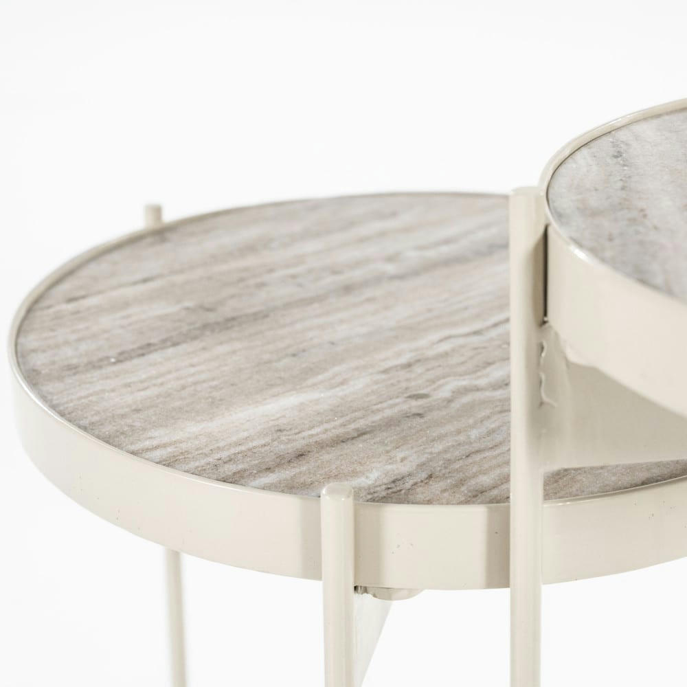 SIB - Lot de 2 tables d'appoint rondes en marbre et métal blanc ivoire