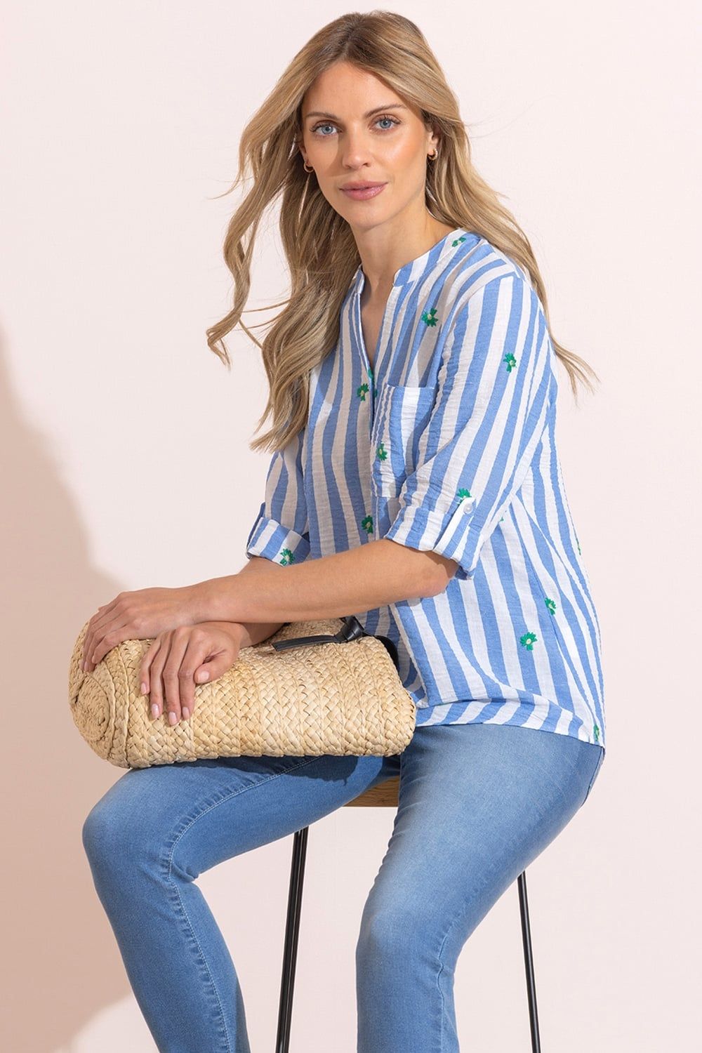 Klass. Floral Embroidered Striped Shirt