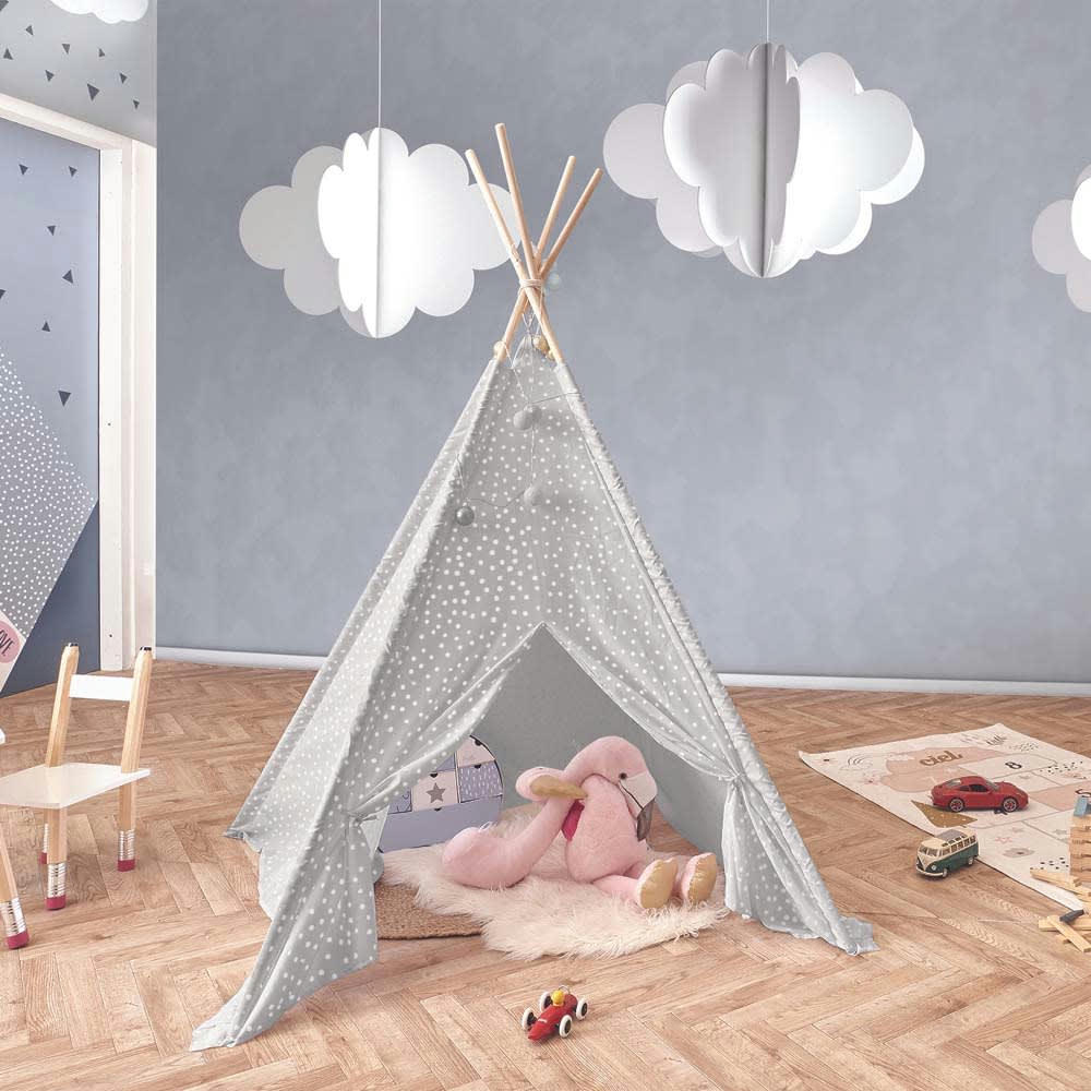 - Tipi enfant en tissu 160 cm little house taupe et blanc