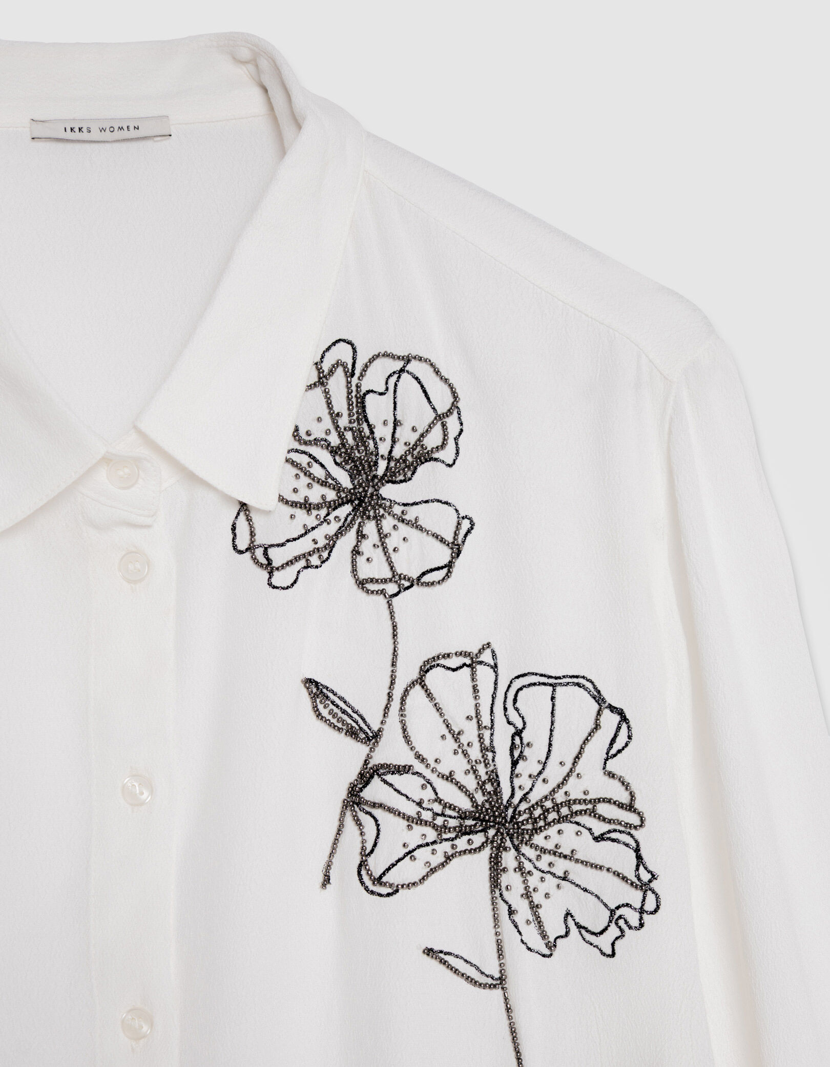 Chemise manches longues blanche broderies perles Femme