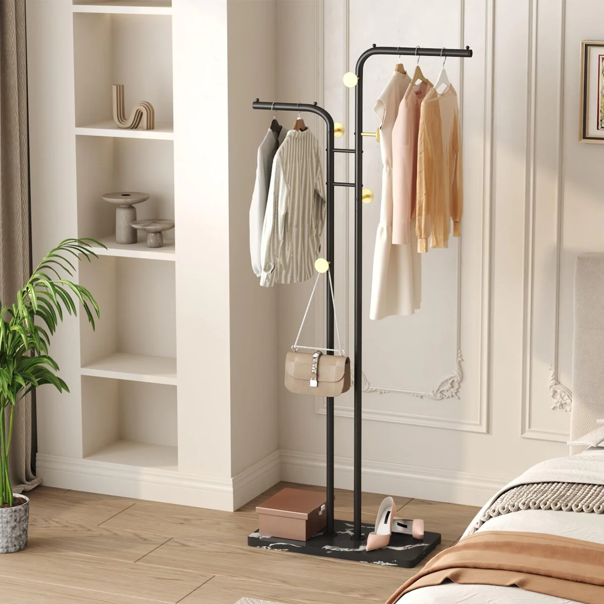 Coat Rack, Freestanding Metal Coat Racks, Double-pole Clothes Hat Stand with 5 Hooks for Closet, Bedroom, Entryway