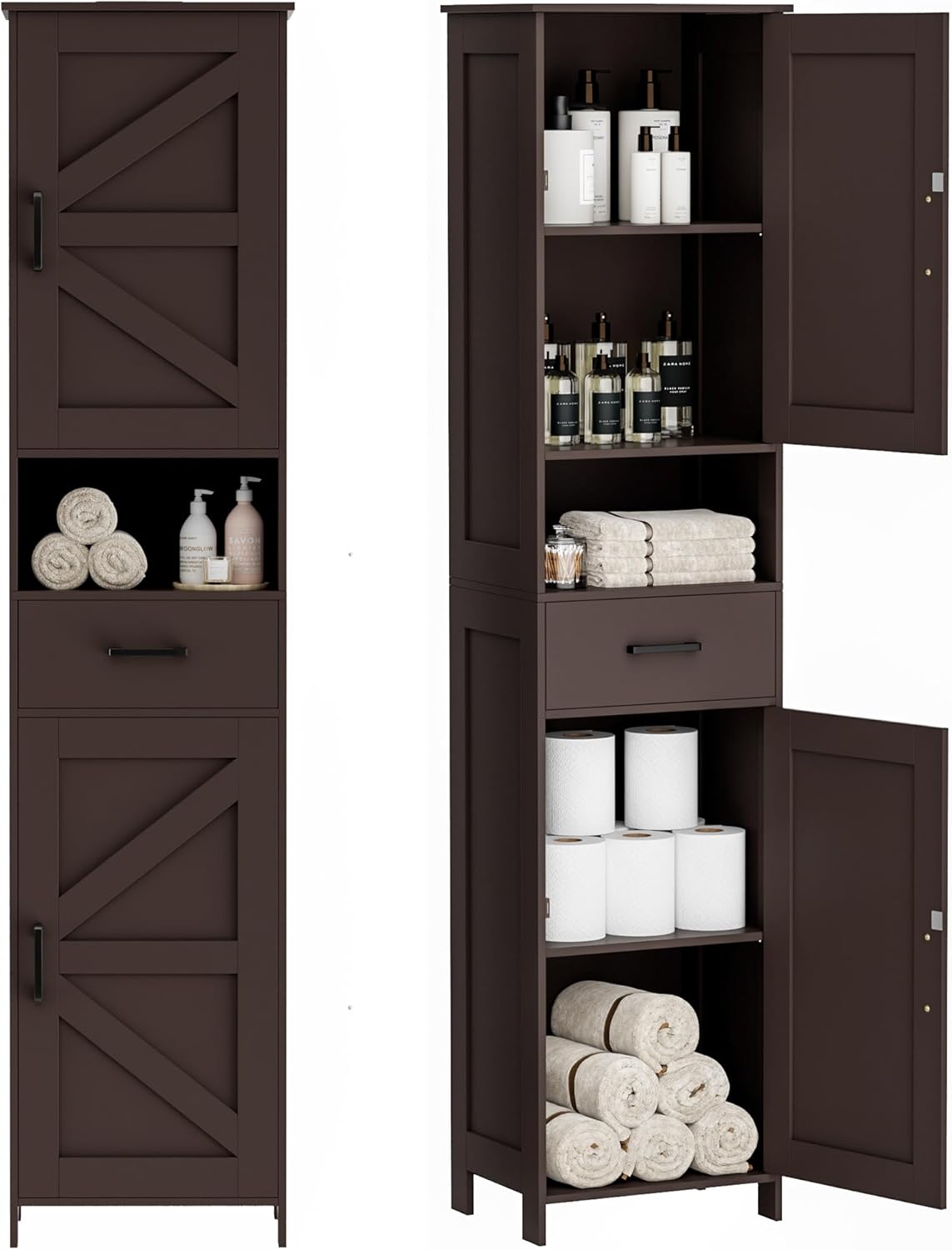 Homhedy 67 H Tall Bathroom Storage Cabinet with 2 Barn Doors and 1 Drawer, Narrow Storage Unit, Adjustable Shelves, Floor Cabinet for Bathroom, Living Room, Entryway, Kitchen, Brown, (15.7 W)
