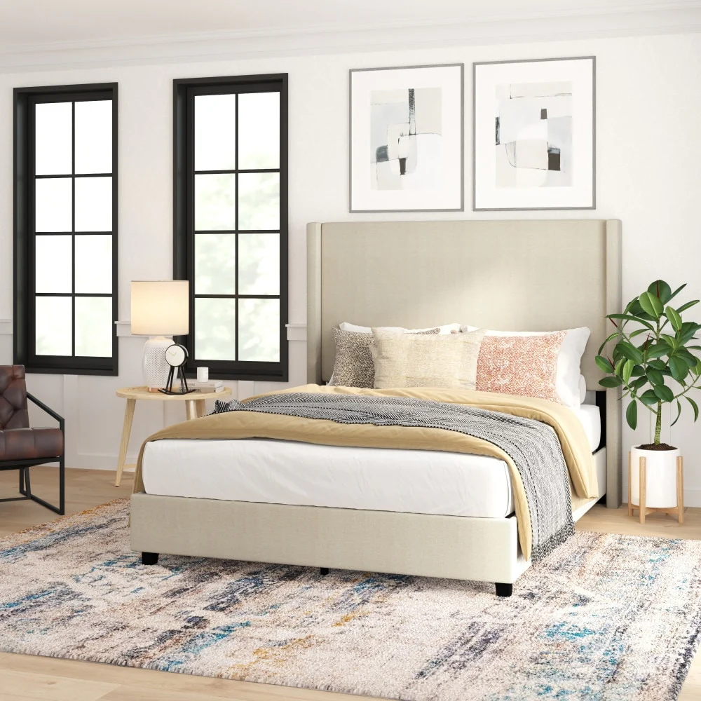Modern Upholstered Platform Bed with Channel Stitched Headboard