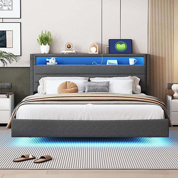 Lit Double 160x200 cm - Lit capitonné Adulte pour Ado avec LED Intégrée et Port USB, Tête de Lit Réversible Lin Gris