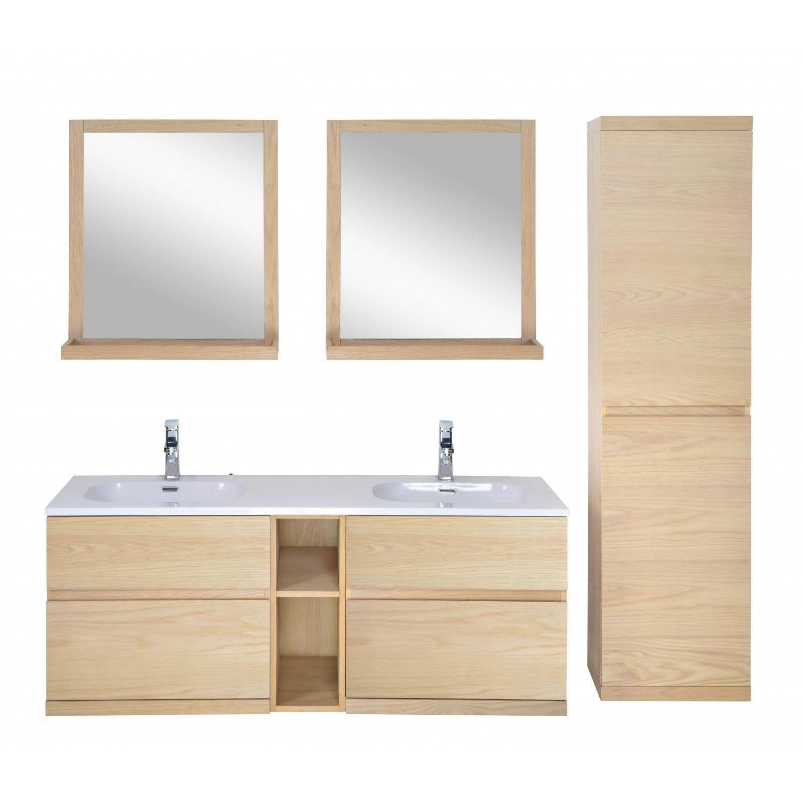 ENIO - Meuble sous vasque chêne avec plan résine  140cm+miroir+colonne fermée