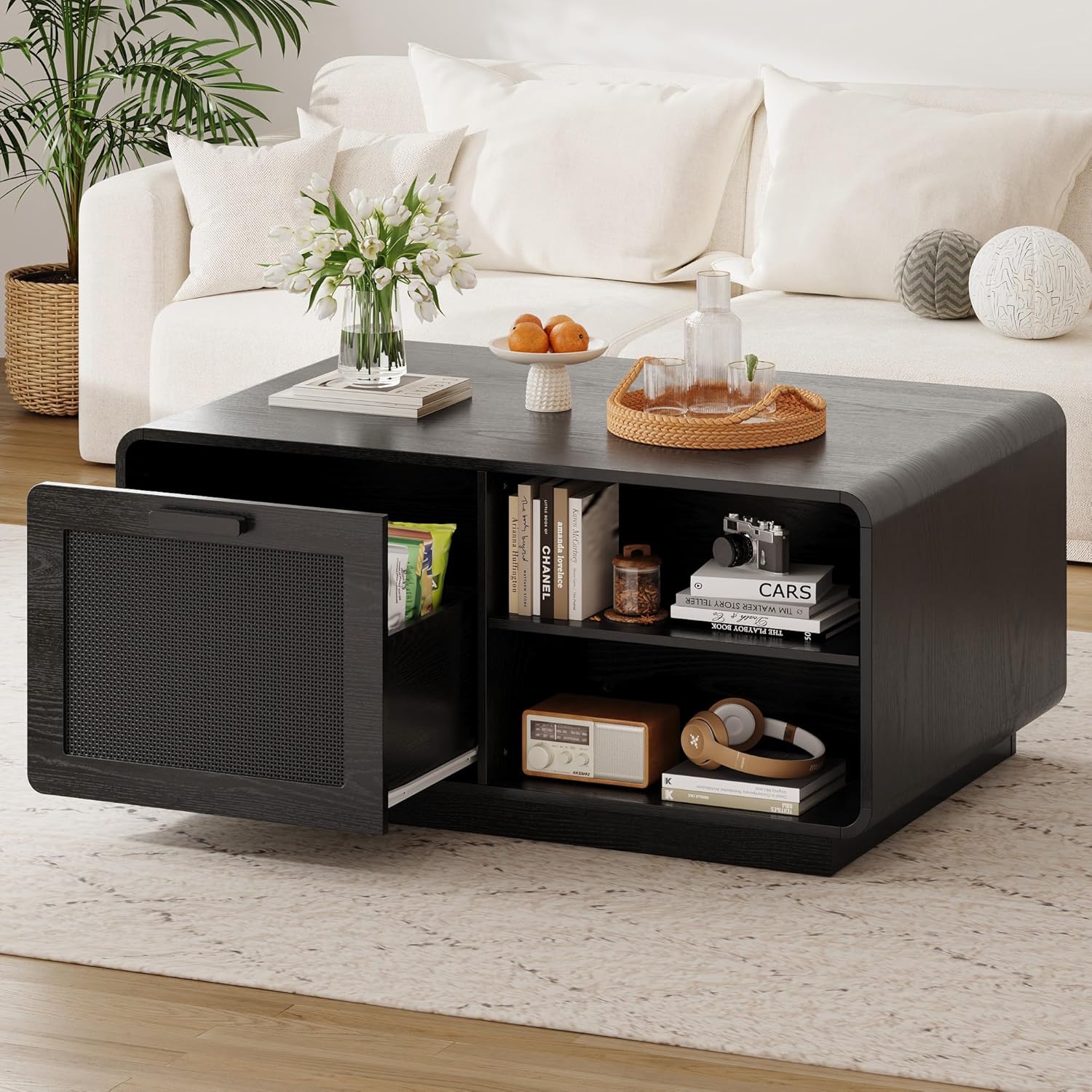 LIKIMIO 39.4 Rattan Coffee Table with Storage Drawers, Safety Curved Corners & 4-Tier Adjustable Shelves, Sturdy Base, Wood Center Table for Living Room, Black