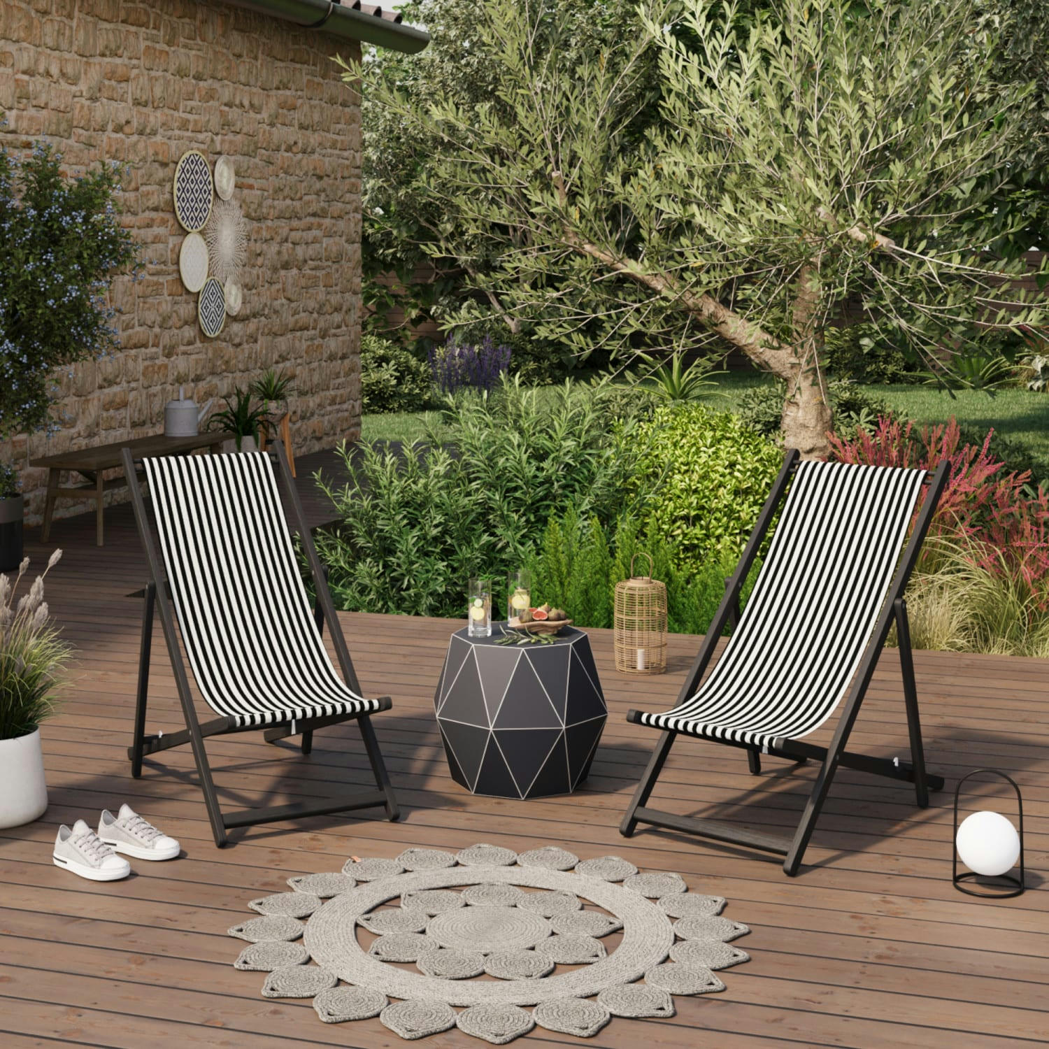 SAUVELADE ECRU - Lot de 2 chiliennes en bois noir et blanc