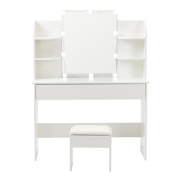 Coiffeuse 100 cm miroir lumineux LED 3 volets blanc, design élégant et grand espace de rangement
