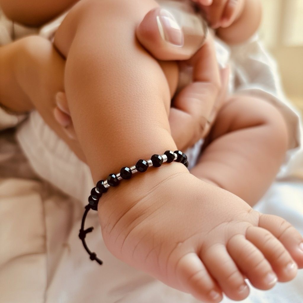 The Colourful Aura Adjustable Silver Black Beads Nazaria Bracelet For Kids and New Borns
