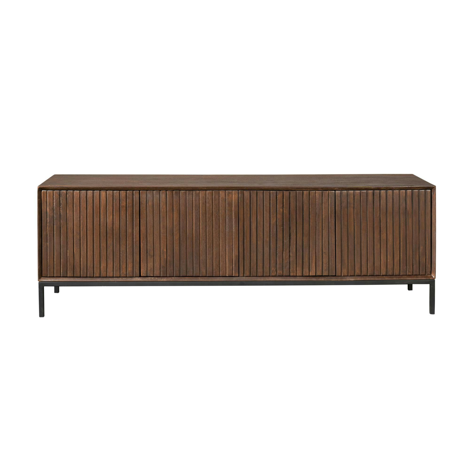 Meuble TV vintage bois brun 4 portes rainurées 165 cm CORTINA