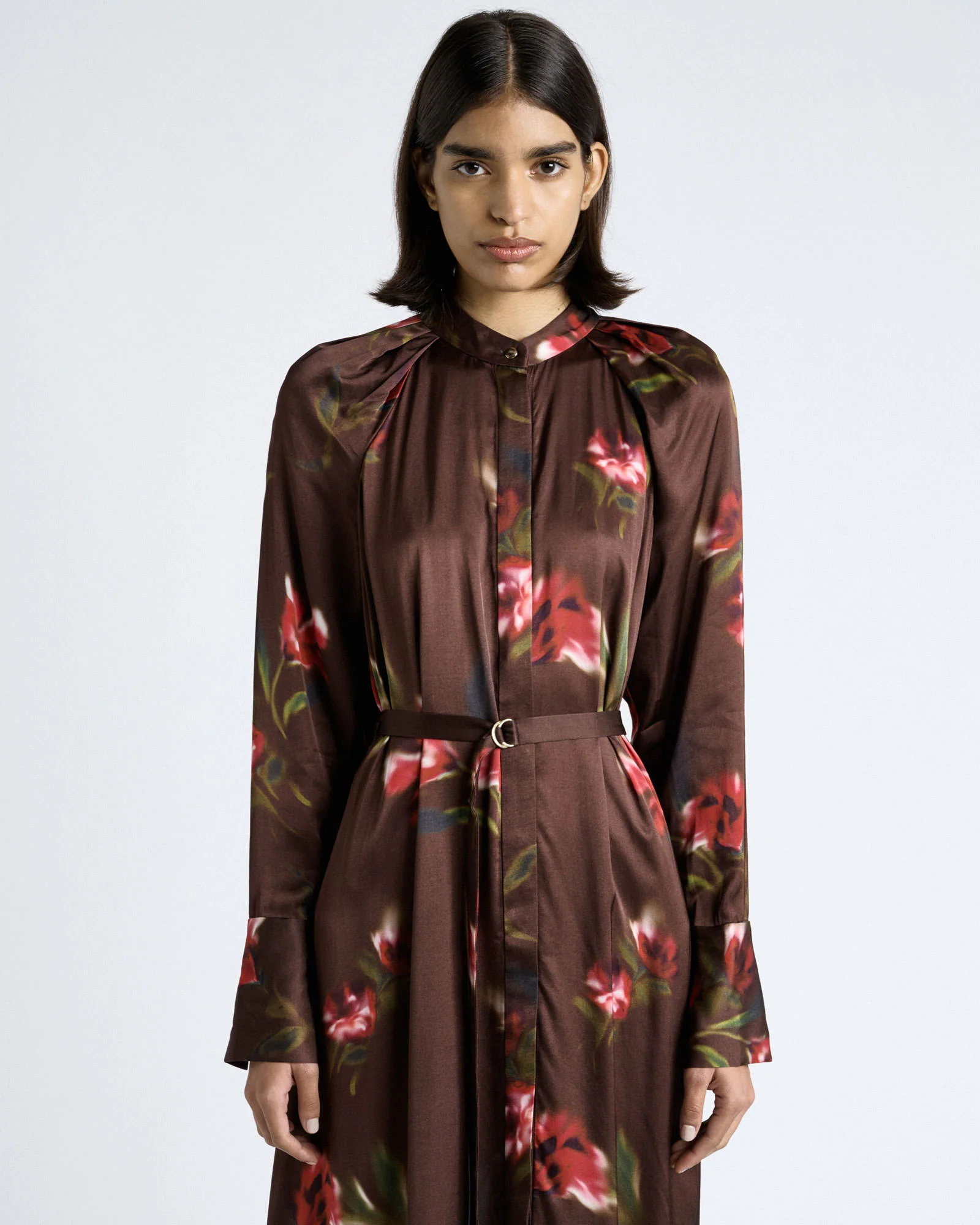 BLURRED FLORAL SATIN BELTED MIDI DRESS