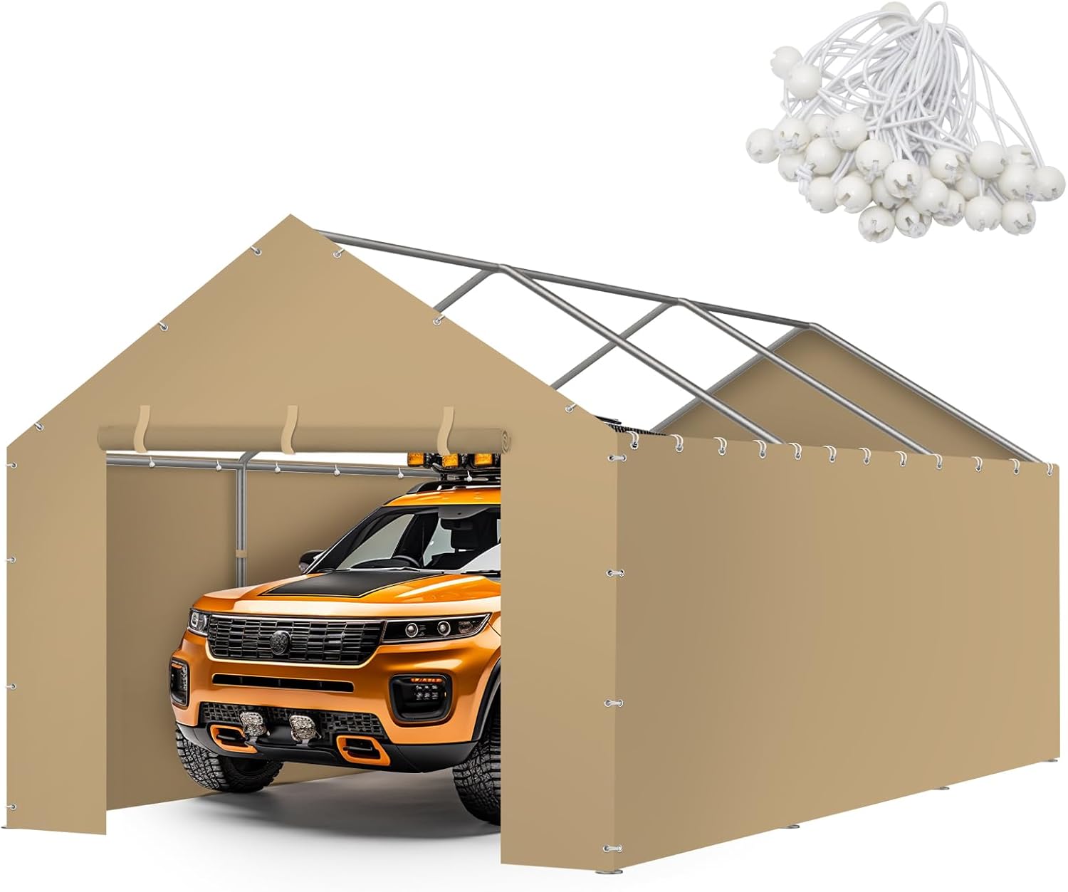 Carport Canopy Tent Sidewalls for 10x20x8.6FT Car Garage with Ball Bungees, Heavy Duty Portable Shelter Logic Replacement Covers (Frame is not Included) (Khaki)