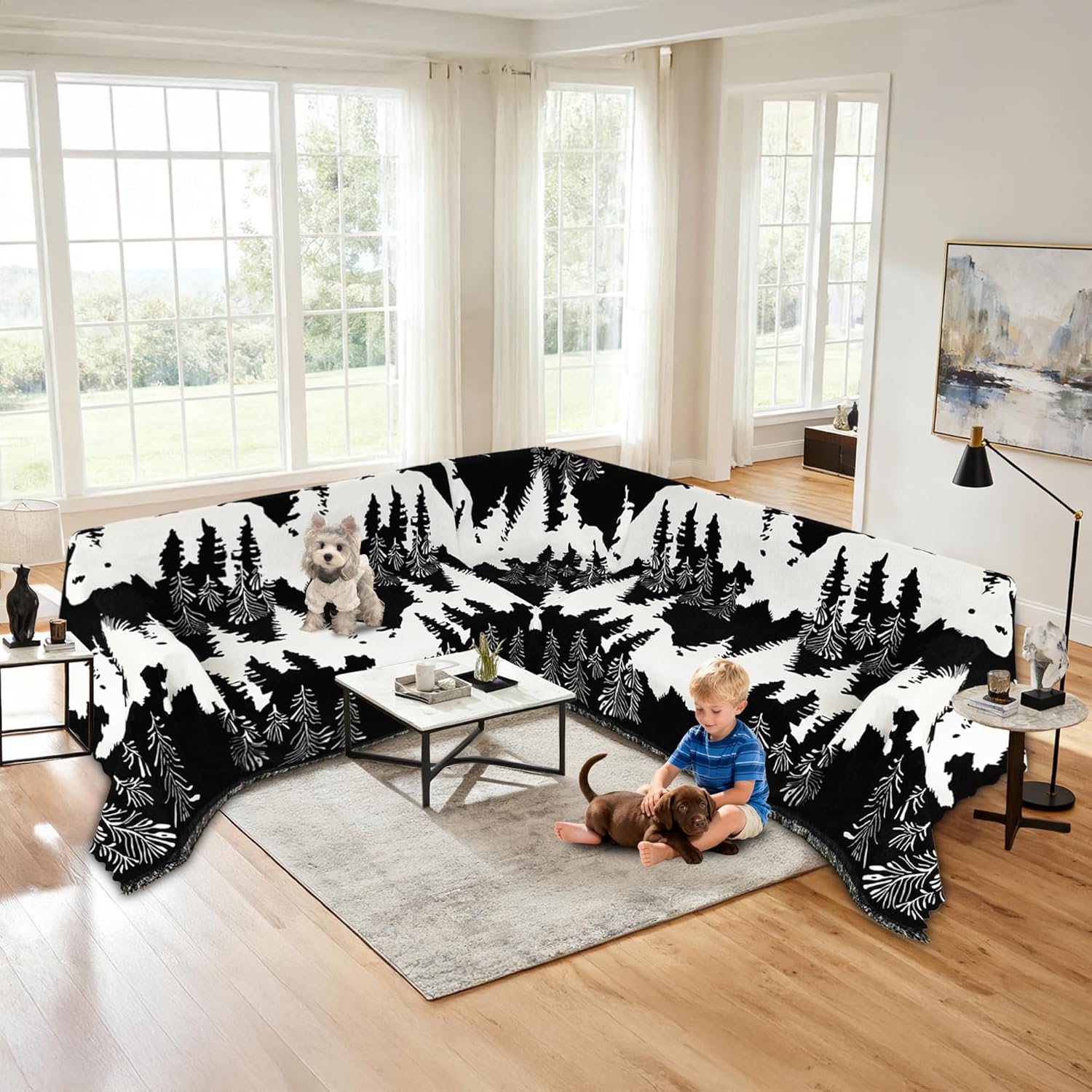 1OO% Waterproof Sectional Couch Covers for Dogs L Shaped Corner Sofa Cover Washable Chenille Sofa Slipcovers Blanket Modern Jacquard Pet Furniture Protector (91x252, Black Forest)