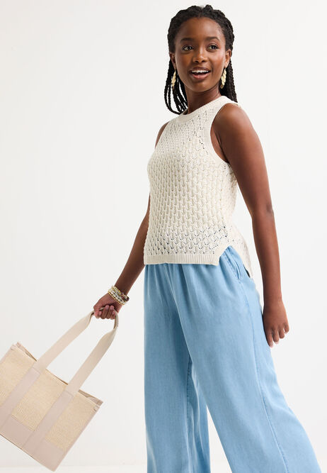 Womens Ecru Lurex Open Stitch Tank Jumper