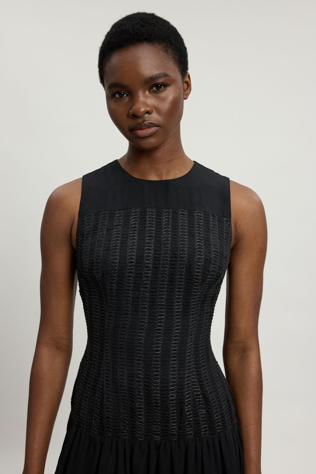KarenMillen Petite Textured Drop Waist Long Sleeve Woven Midi Dress