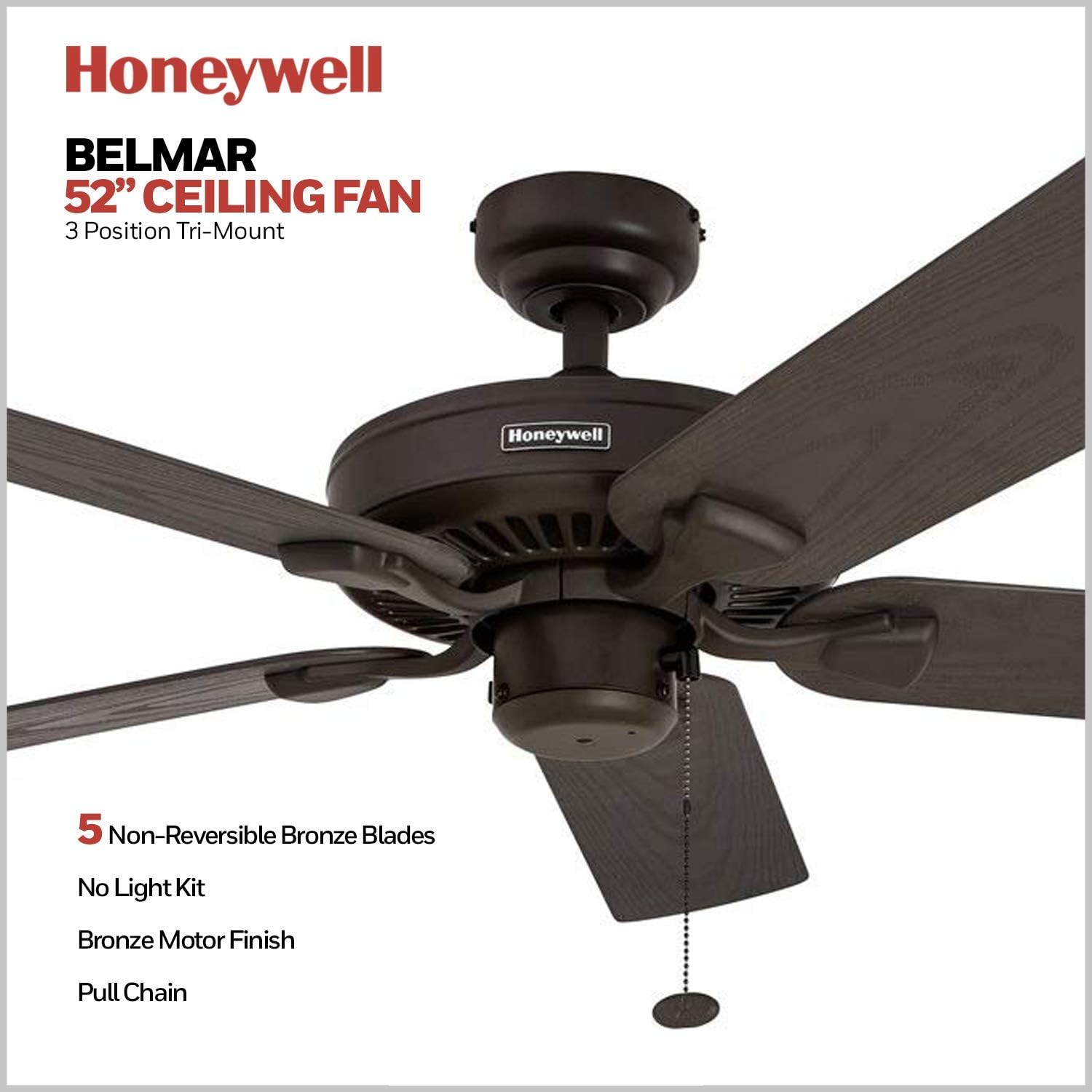 Honeywell Ceiling Fans Belmar 52 Inch Ceiling Fan Without Light, Outdoor Ceiling Fan with Pull Chain, Tri-Mount Traditional 5 Blade Design, ETL Wet Rated, Bronze (50199-01)