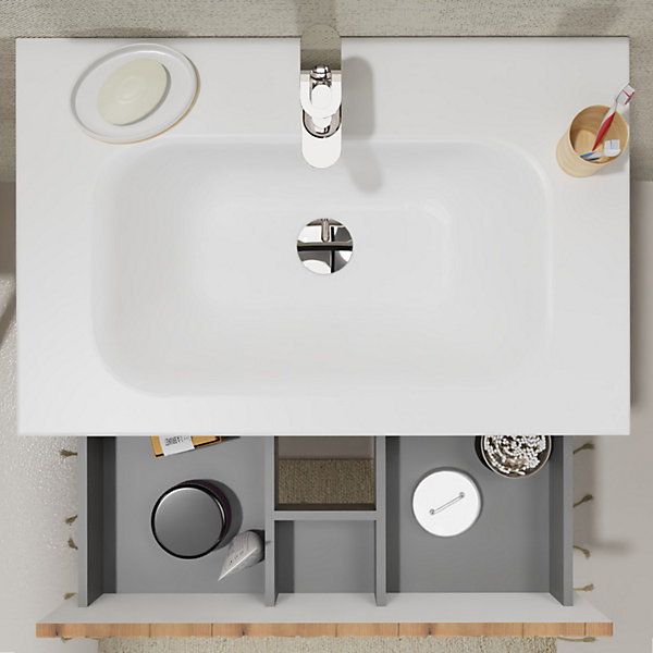 Meuble salle de bain 70 cm - Plan vasque Solid surface - Effet bois strié - A suspendre - Karaib 2
