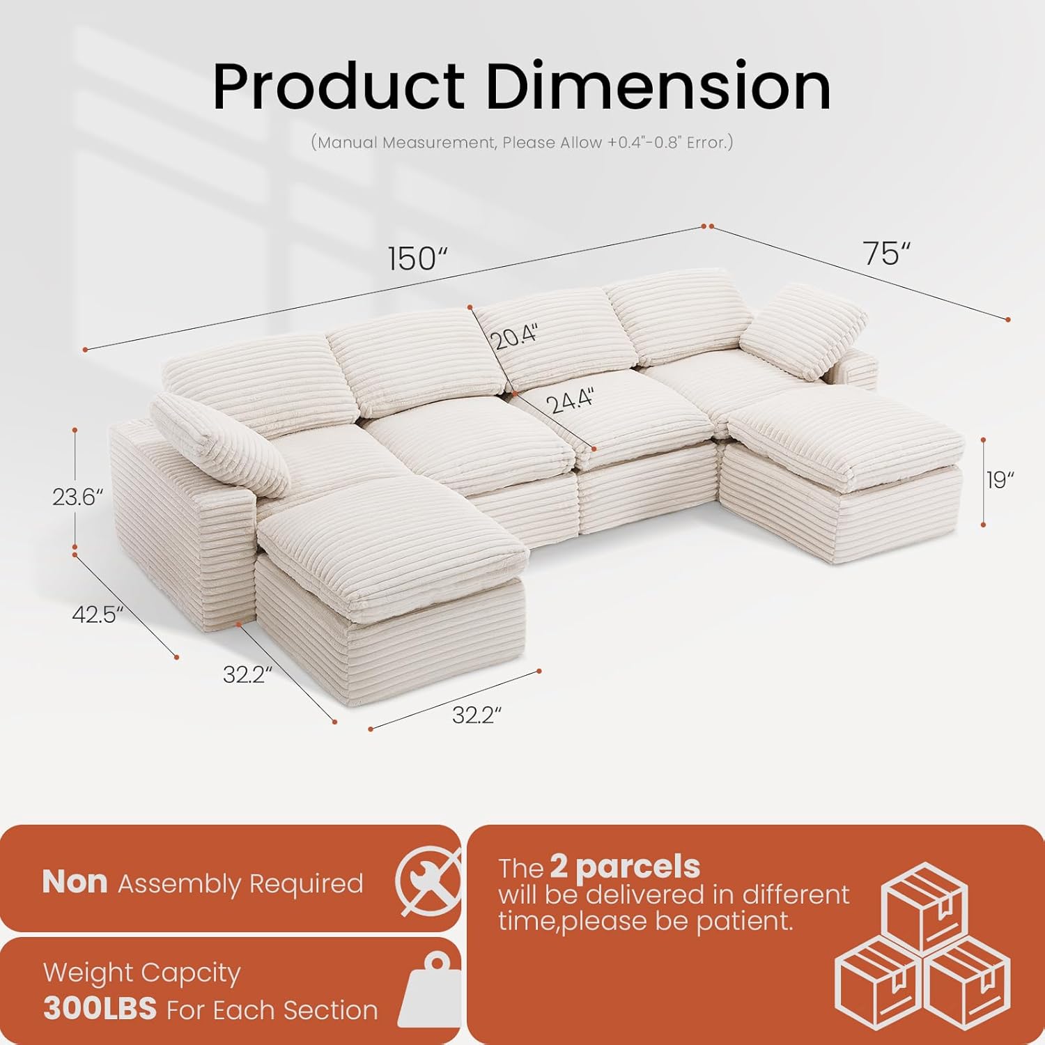 KKL 150 U Shaped Sectional Modular Boneless Sofa, 6 Seater Cloud Couch with Ottoman, Corduroy Sectional Couches for Living Room Bedroom, Beige