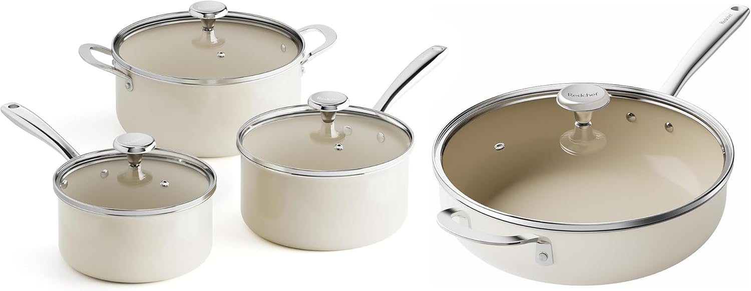 Redchef Cooking Pot Set Induction 5Qt, Saucepan Set 2.5/3.5Qt, 5QT Ceramic Saute Pan with Lid, Compatible All Cooktops, PTFE PFAS Free (Beige)