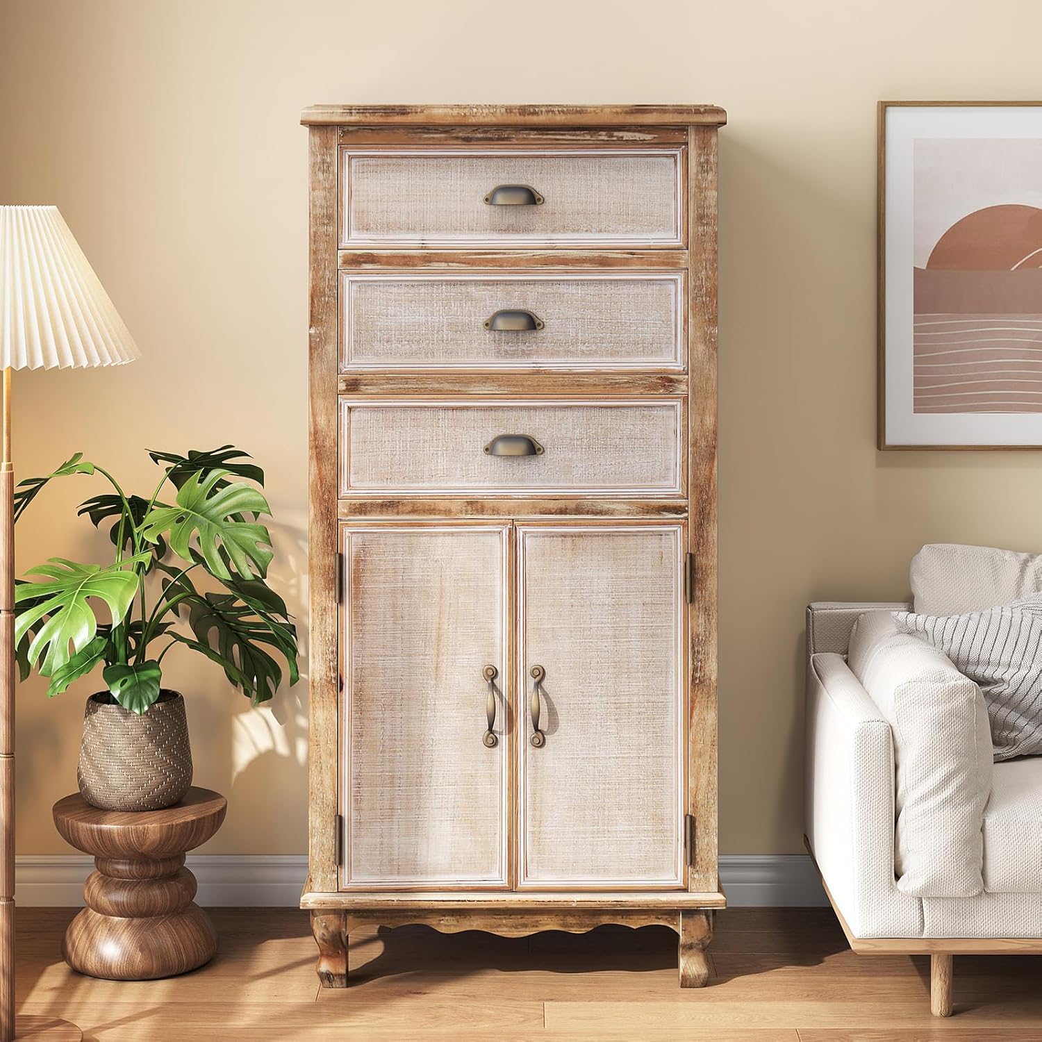 Rustic Tall Storage Cabinet - Distressed Solid Wood Frame Accent Cabinet with 3 Drawers & 2 Doors, Farmhouse Freestanding Floor Cabinet for Entryway, Living Room, Hallway