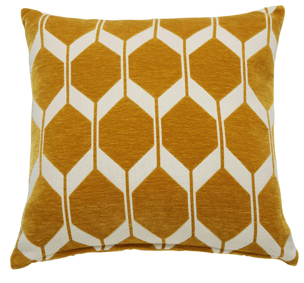 ASTON - Coussin en velours tissé jacquard motifs graphiques jaune moutarde 45x45