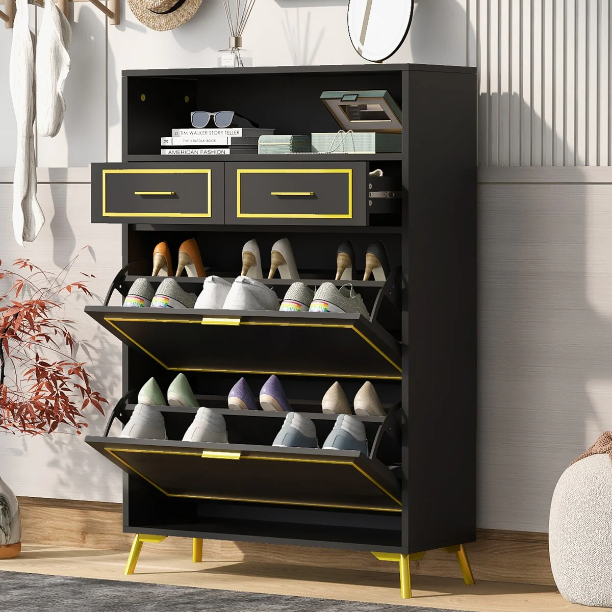 Shoe Cabinet with 2 Flip Drawers, 2 Slide Drawers and 1 Shelf, Free Standing Shoe Rack for Heels,Sneakers, Slippers