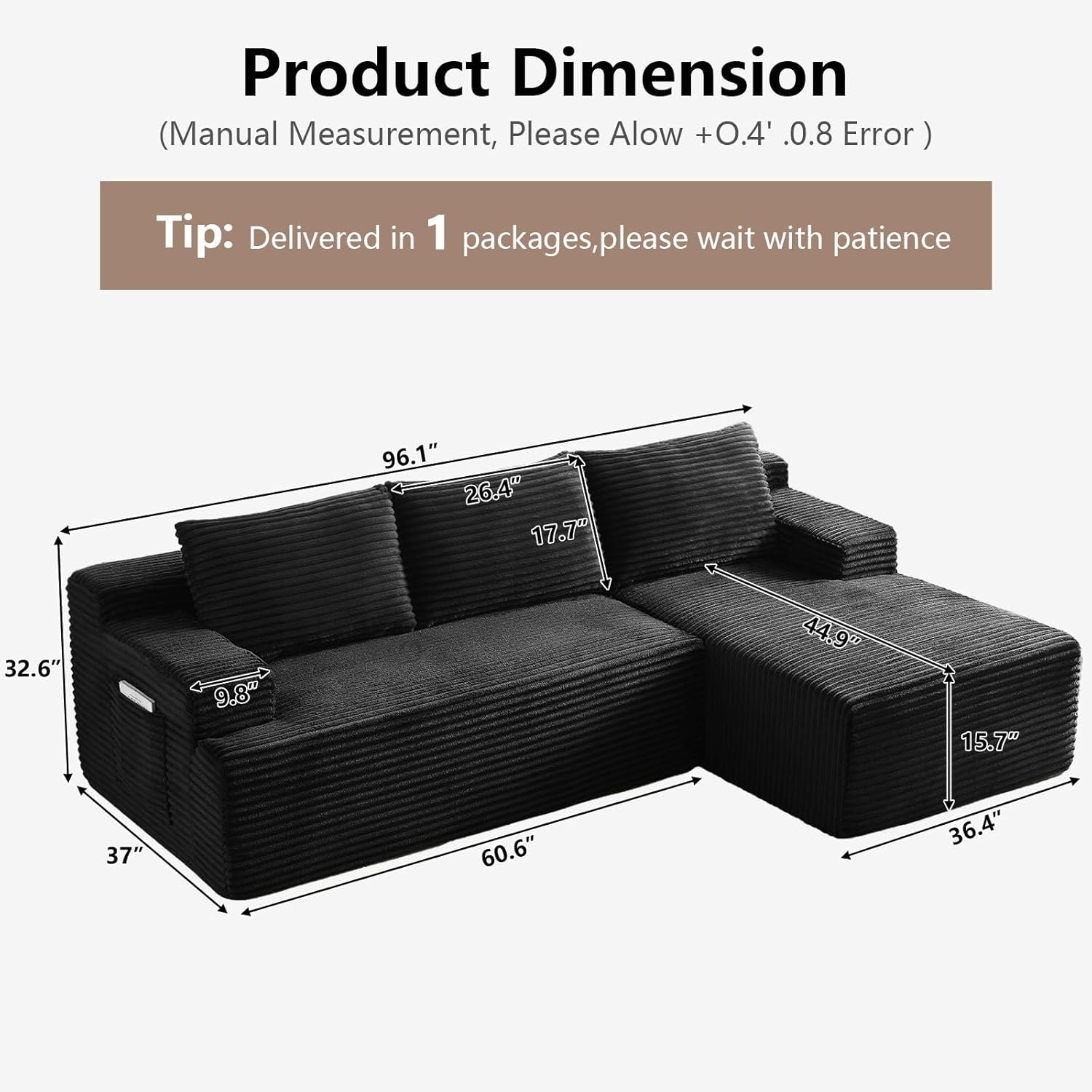96 Cloud Sectional Couch with L-Shape Chaise, Modular Comfy Sofa Chaise Longue, Upholstered Corduroy Couches Sleeper with Deep Seat for Living Room Bedroom, No Assembly Required(Black, Right Facing)