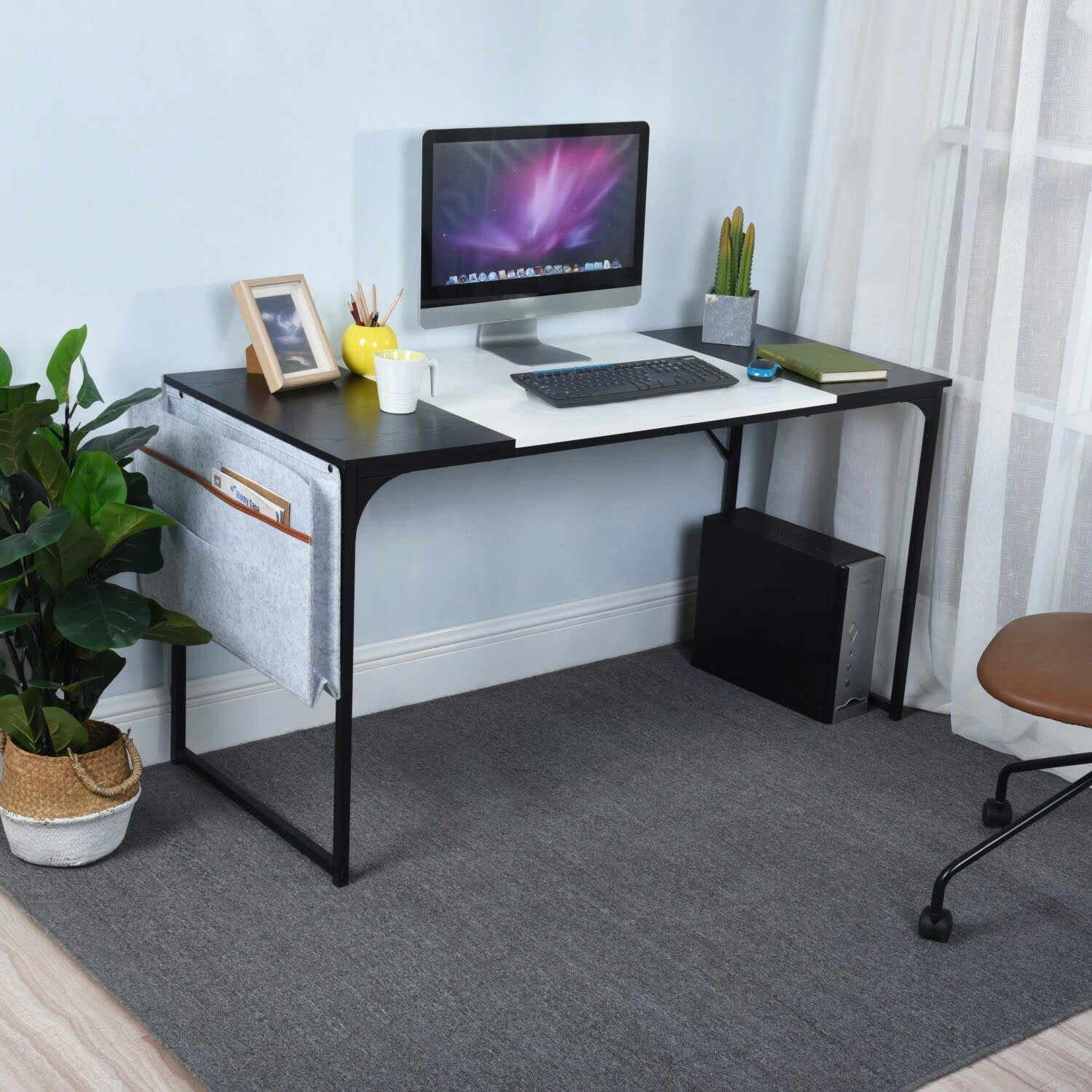 - Bureau effet bois avec sac de rangement en feutre en blanc 140*60