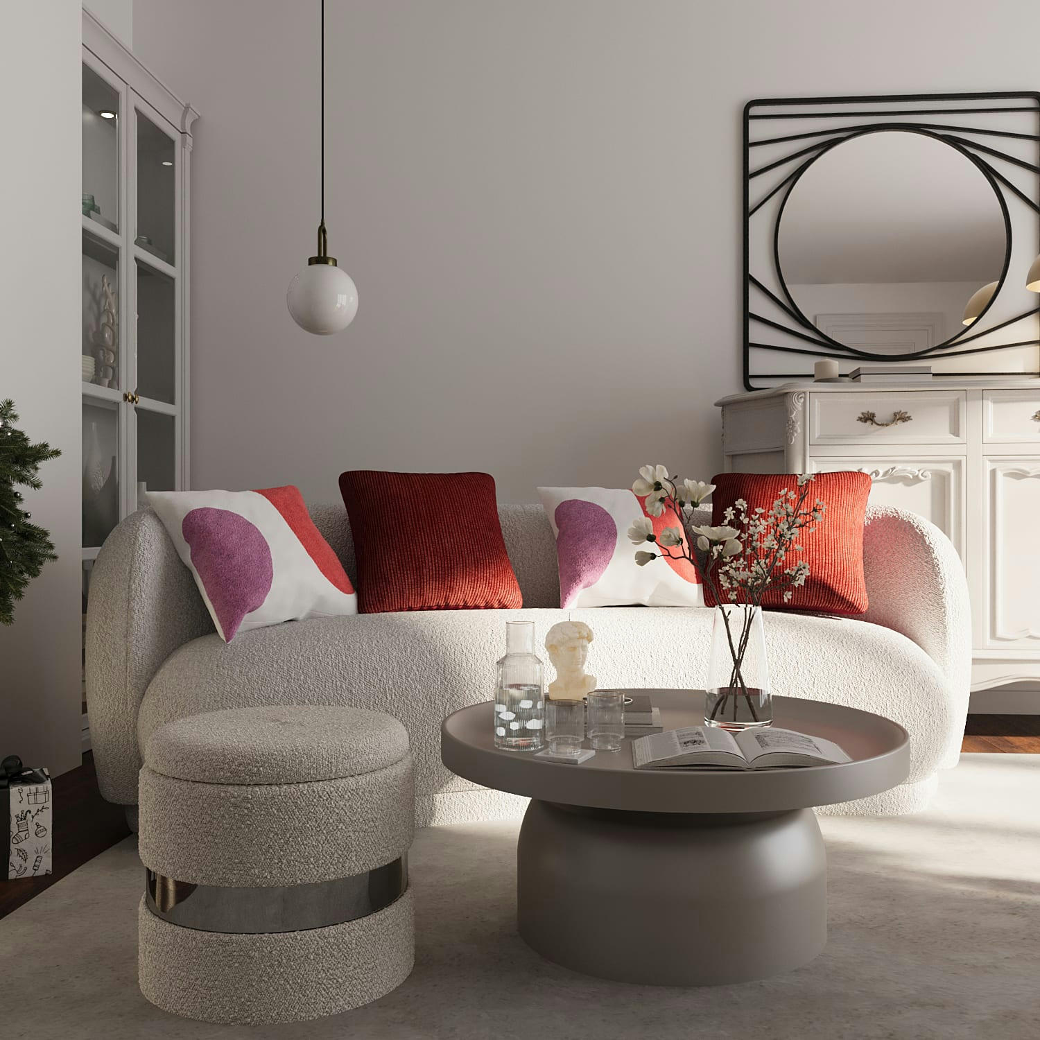 CAPUCINE - Pouf rond bouclette gris-crème & métal argenté avec rangement