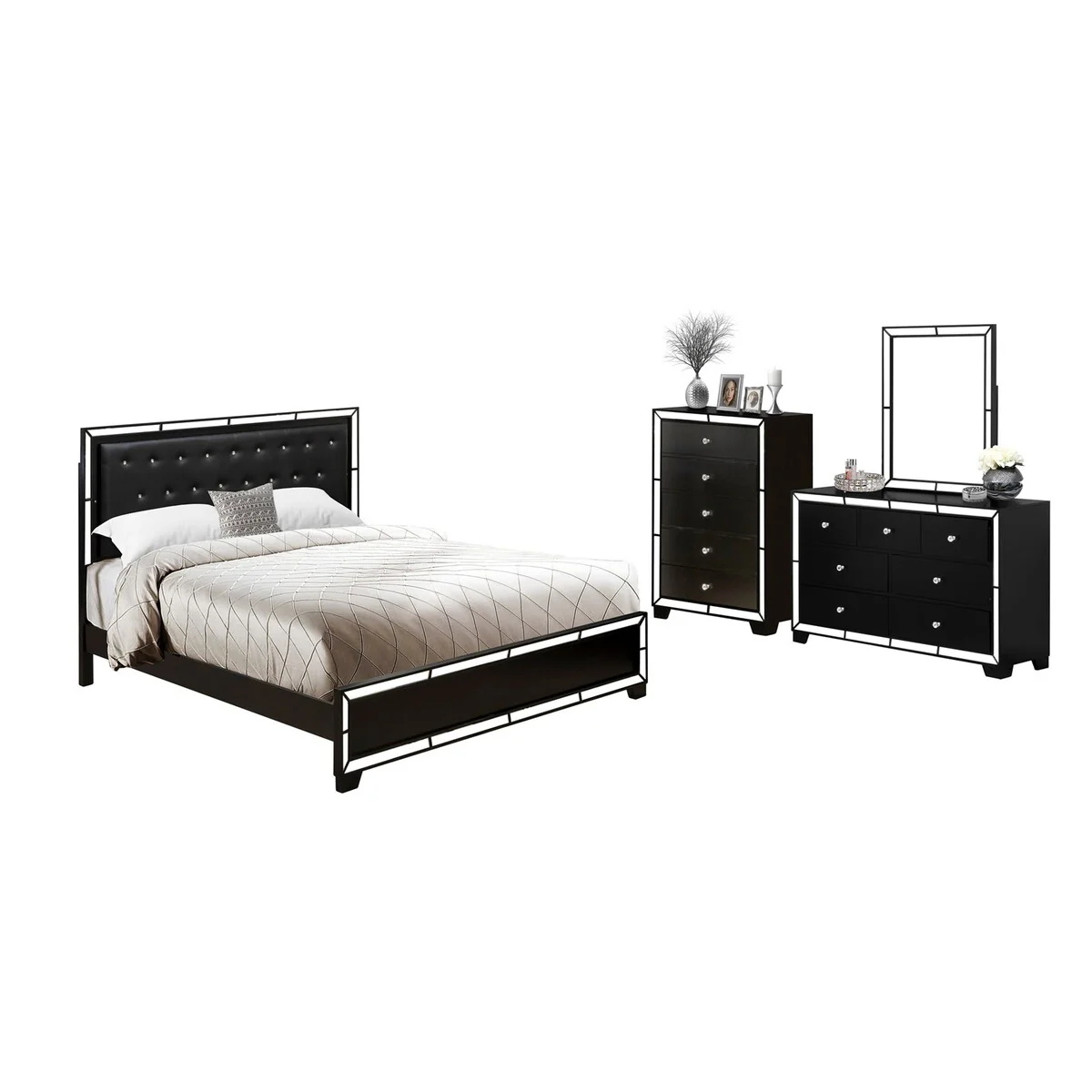 East West Furniture King Size Bed Set Includes King Size Bed, Drawer Dresser, Large Mirror and Chester Drawers