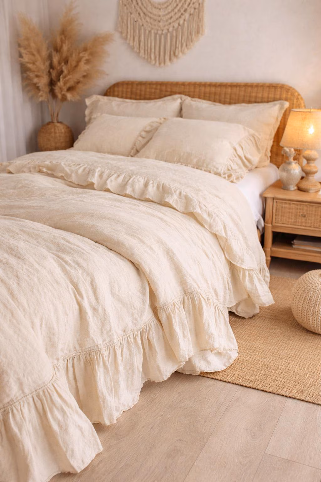 Shabby Chic Linen Ruffled Duvet Cover Set – French Linen Bedding with Extra Long Ruffles – Handmade Farmhouse Bedding with pillowcase
