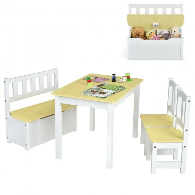 4 Pieces Kids Wooden Activity Table and Chairs Set with Storage Bench and Study Desk - 27.5 (L) X 19 (W) X 20 (H)