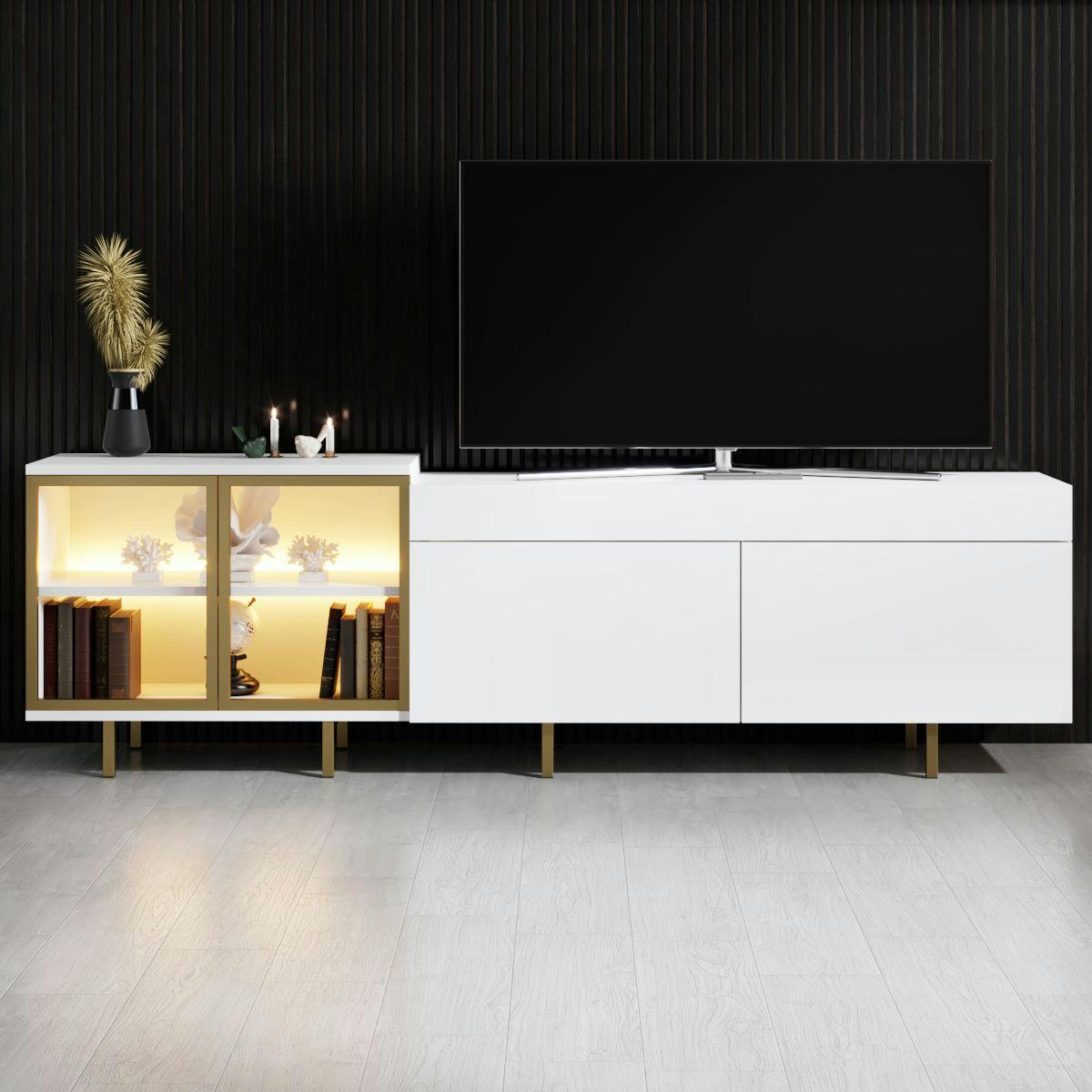 Meuble TV blanc et doré 2 portes 1 niche LED AURA