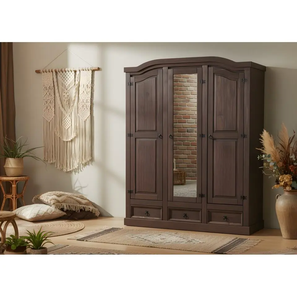 Hioshop New Mexico 3-deurs kledingkast bruin met spiegel