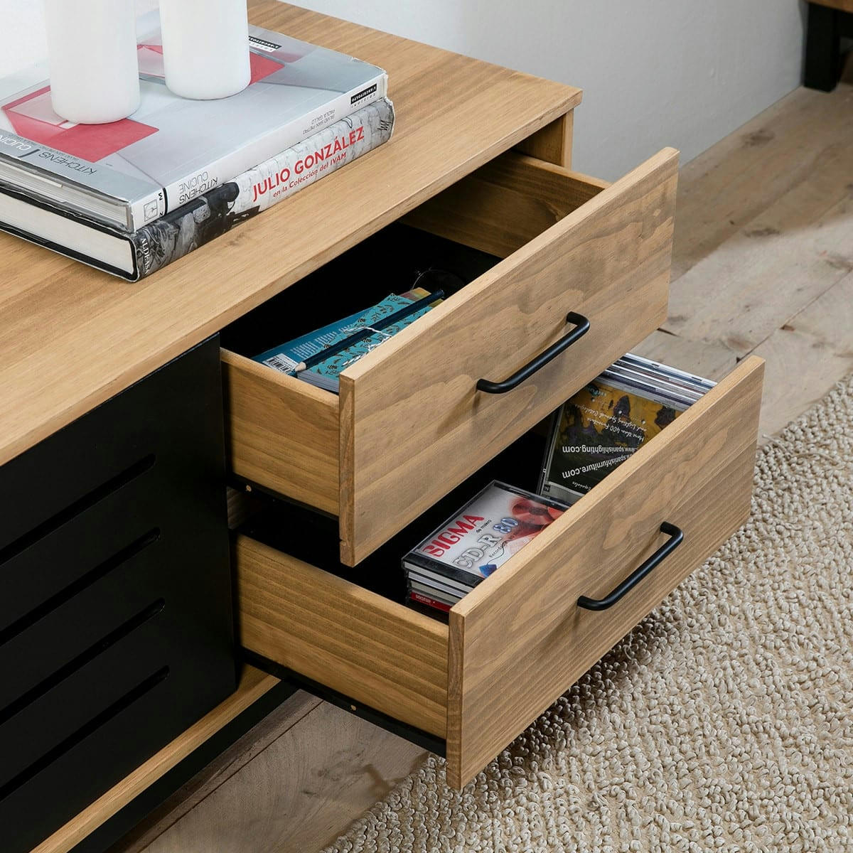 ROSA - Meuble TV 2 portes 2 tiroirs effet bois / noir 141 cm